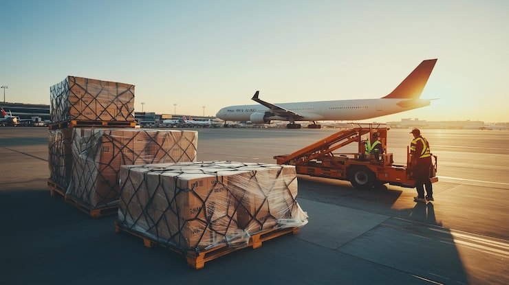 طائرة كبيرة متوقفة على المدرج، ترمز إلى شحن البضائع والتخليص الجمركي في السعودية