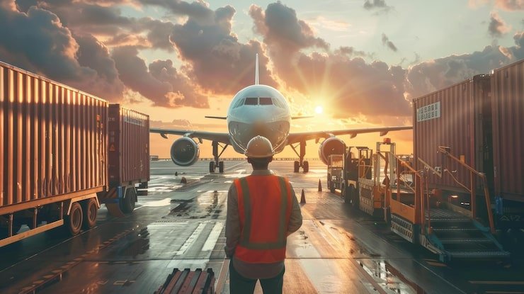 رجل يرتدي سترة أمان يقف أمام طائرة كبيرة في المطار