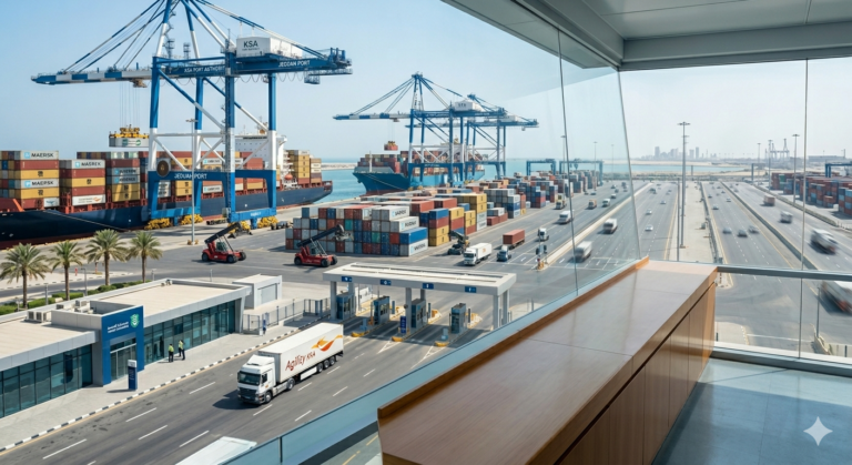 صورة توضيحية لشركة تخليص جمركي حديثة توضح سرعة إنهاء إجراءات الشحنات داخل الموانئ باستخدام أنظمة رقمية متطورة
