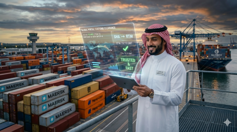 مشهد تخليص جمركي سريع في ميناء حديث بالسعودية مع موظف يستخدم نظام رقمي لمتابعة الشحنات